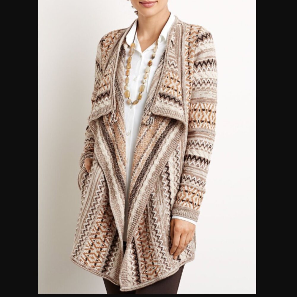 J. Jill Tan Brown Open Front Wool Alpaca Nordic Fair Isle Waterfall Cardigan